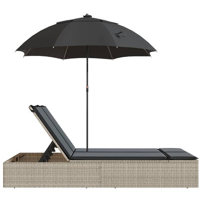 Double Sun Lounger with Cushions&Parasol Light Grey Poly Rattan