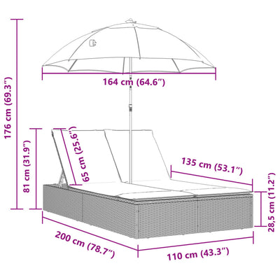 Double Sun Lounger with Cushions&Parasol Light Grey Poly Rattan