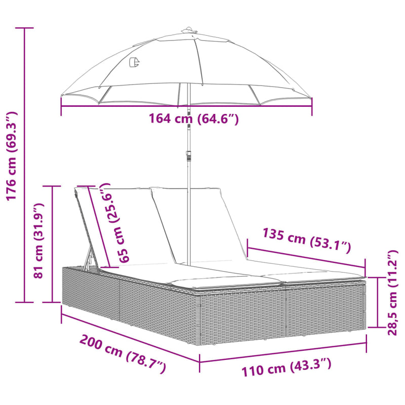 Double Sun Lounger with Cushions&Parasol Light Grey Poly Rattan