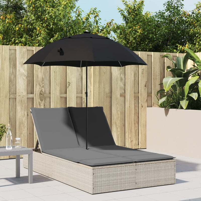 Double Sun Lounger with Cushions&Parasol Light Grey Poly Rattan