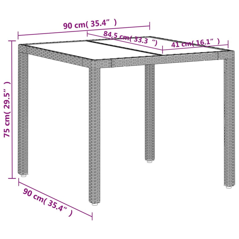 Garden Table with Glass Top Light Grey 90x90x75 cm Poly Rattan