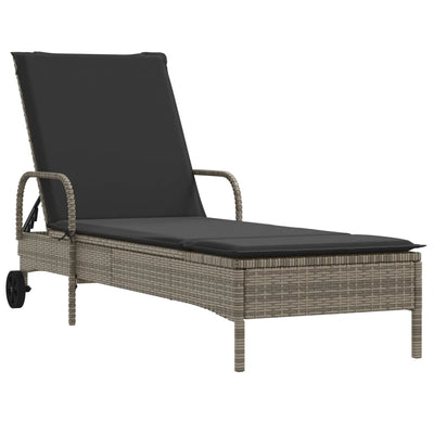 Sun Lounger with Wheels and Cushion Grey Poly Rattan