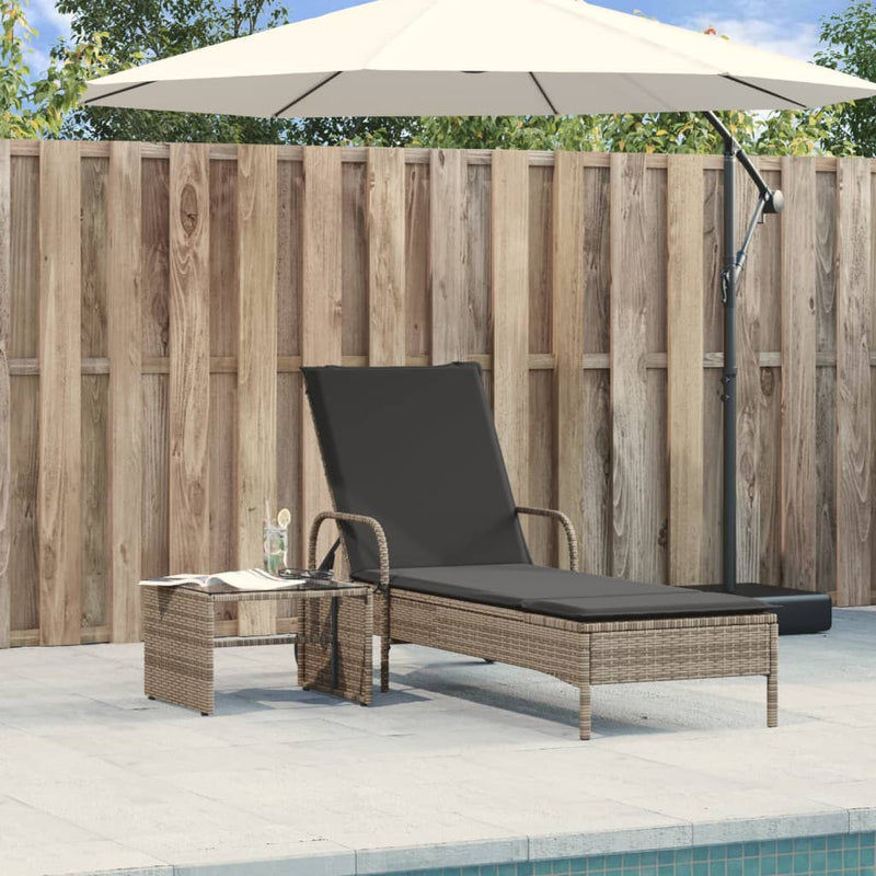 Sun Lounger with Wheels and Cushion Grey Poly Rattan