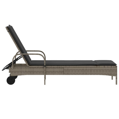 Sun Lounger with Wheels and Cushion Grey Poly Rattan