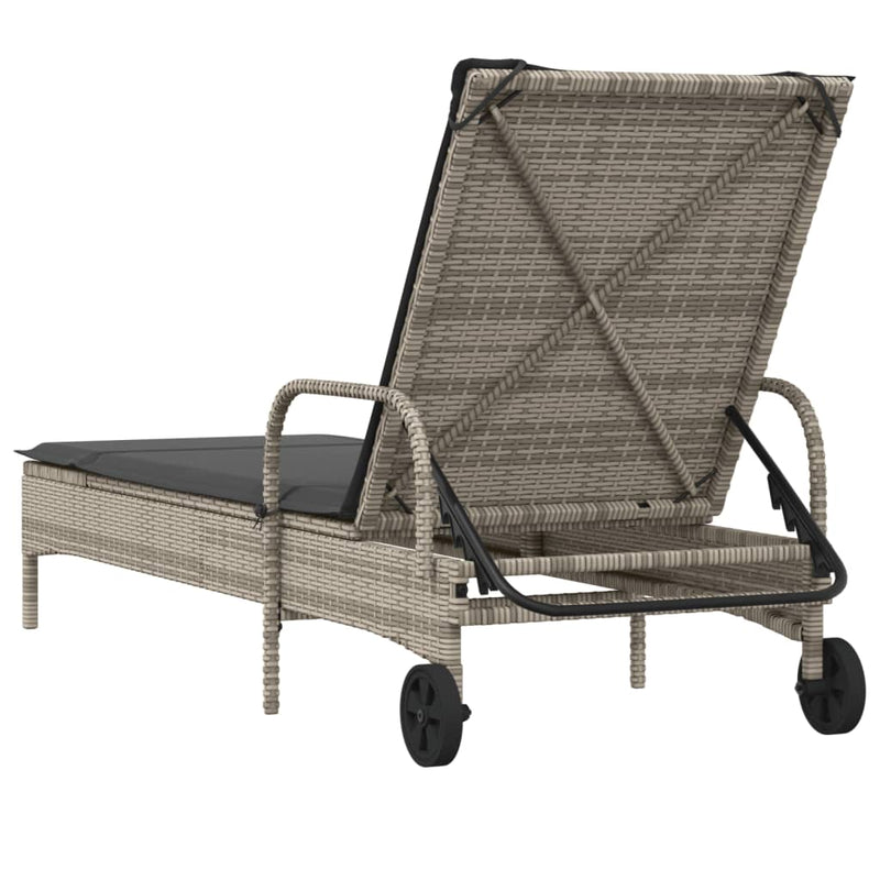 Sun Lounger with Wheels and Cushion Grey Poly Rattan