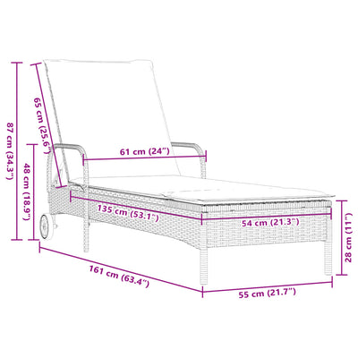 Sun Lounger with Wheels and Cushion Grey Poly Rattan