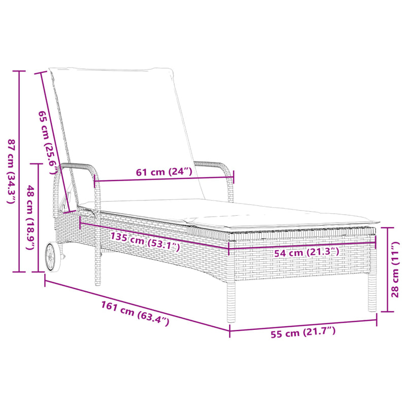 Sun Lounger with Wheels and Cushion Grey Poly Rattan