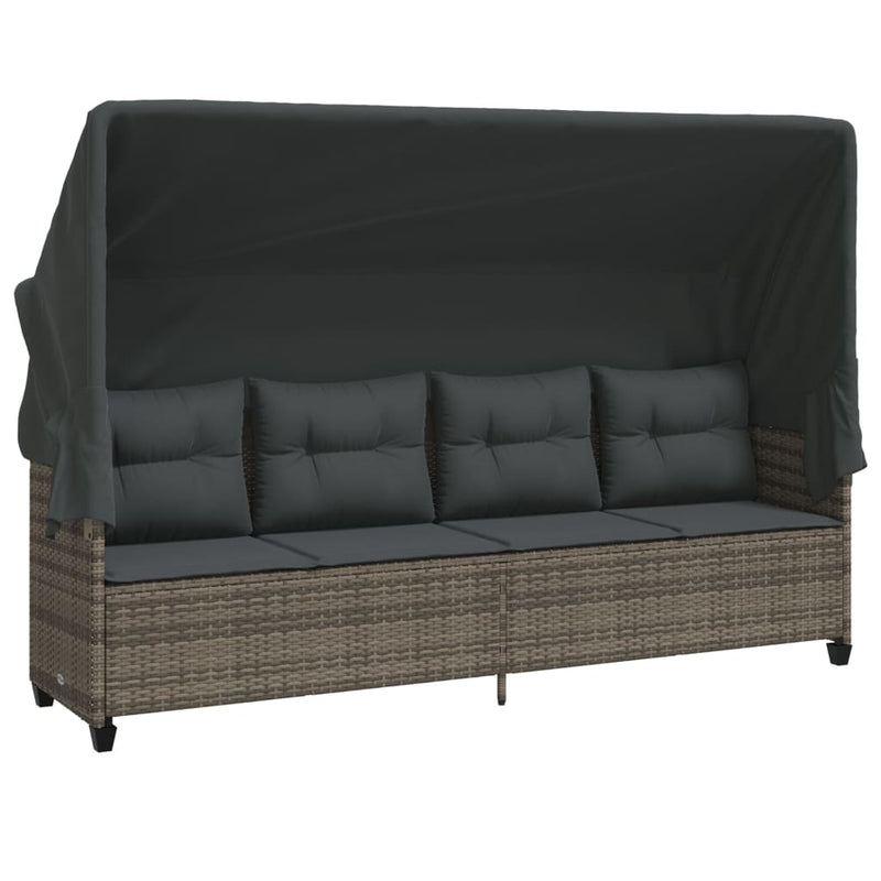 Sun Lounger with Canopy and Cushions Grey Poly Rattan