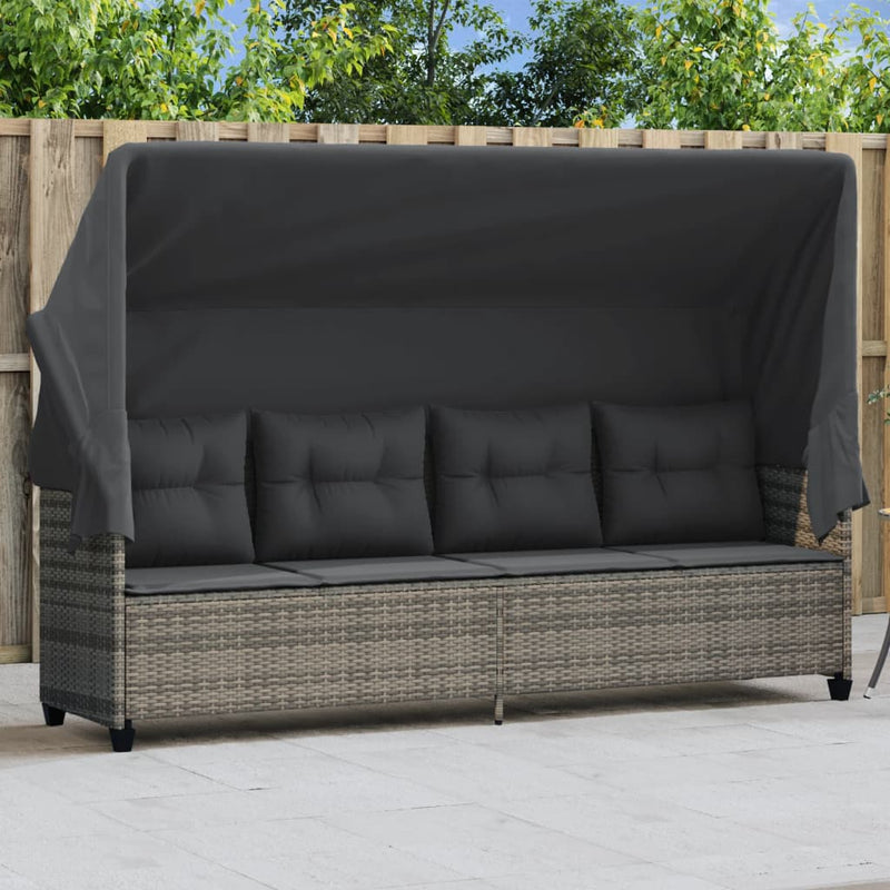 Sun Lounger with Canopy and Cushions Grey Poly Rattan