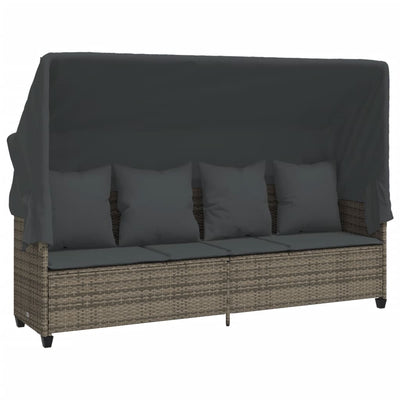 Sun Lounger with Canopy and Cushions Grey Poly Rattan