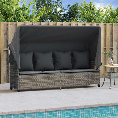 Sun Lounger with Canopy and Cushions Grey Poly Rattan