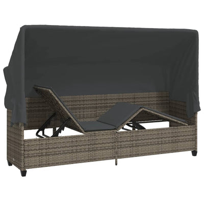 Sun Lounger with Canopy and Cushions Grey Poly Rattan