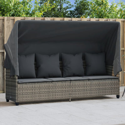 Sun Lounger with Canopy and Cushions Grey Poly Rattan