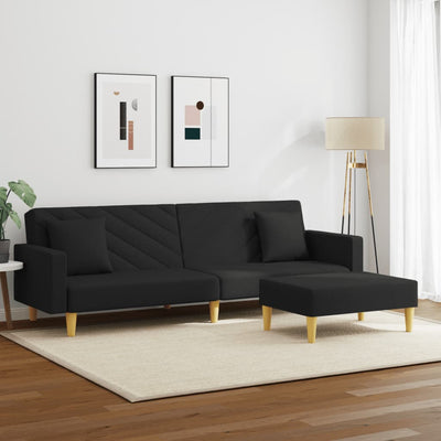 2-Seater Sofa Bed with Pillows and Footstool Black Fabric