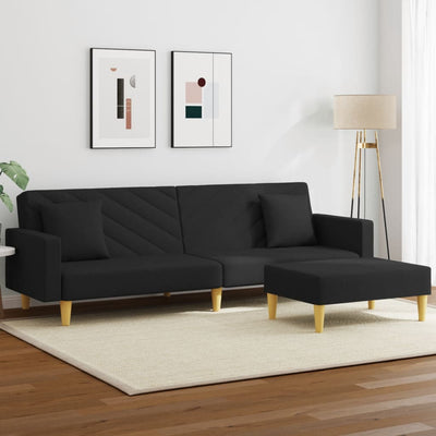 2-Seater Sofa Bed with Pillows and Footstool Black Fabric