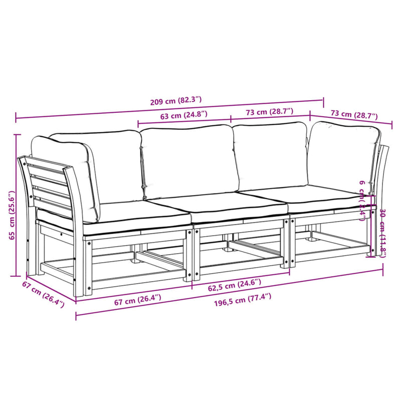 3 Piece Garden Lounge Set with Cushions Solid Wood Acacia