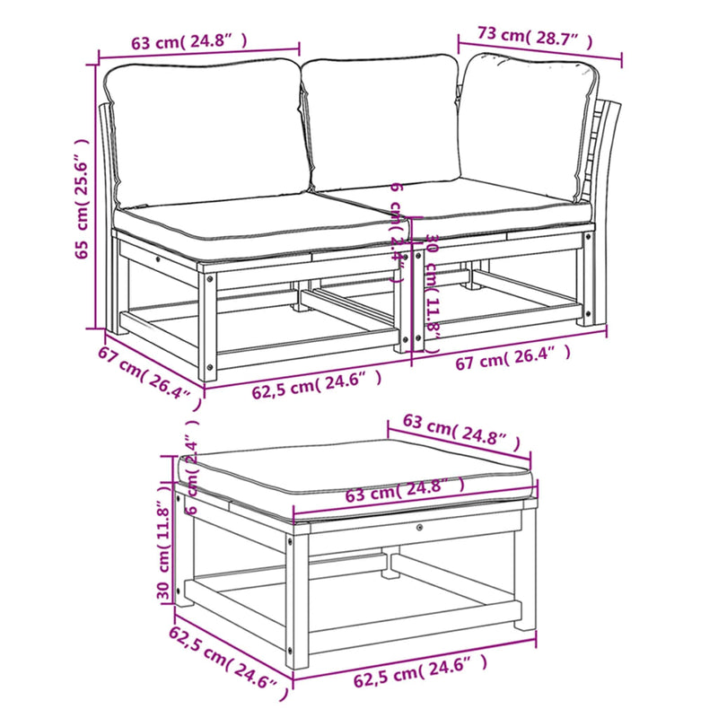 3 Piece Garden Lounge Set with Cushions Solid Wood Acacia