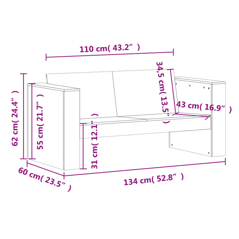 Garden Sofa 2-Seater 134x60x62 cm Solid Wood Douglas