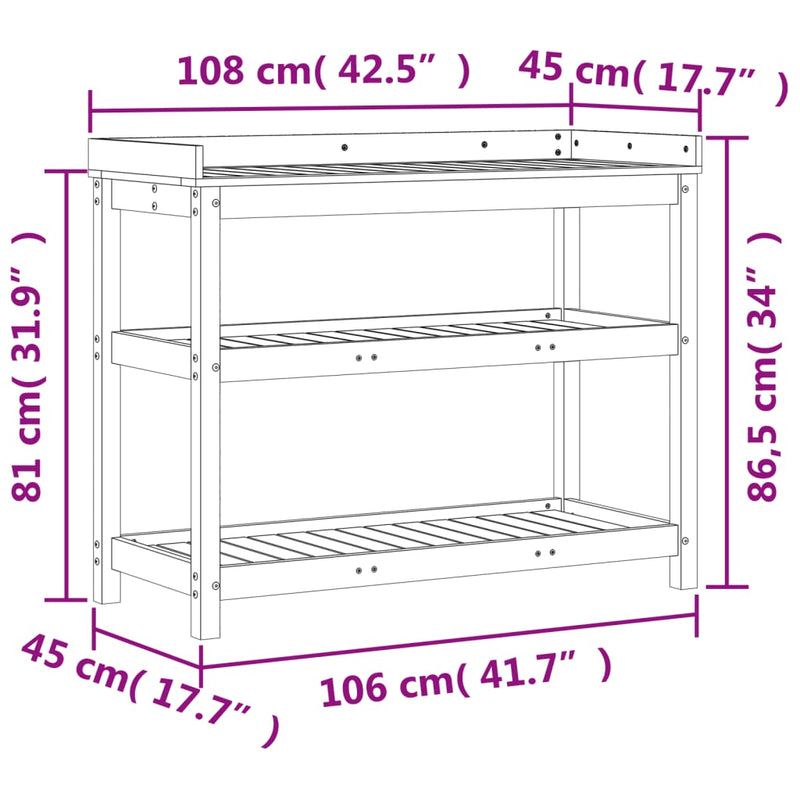 Potting Table with Shelves 108x45x86.5 cm Solid Wood Pine