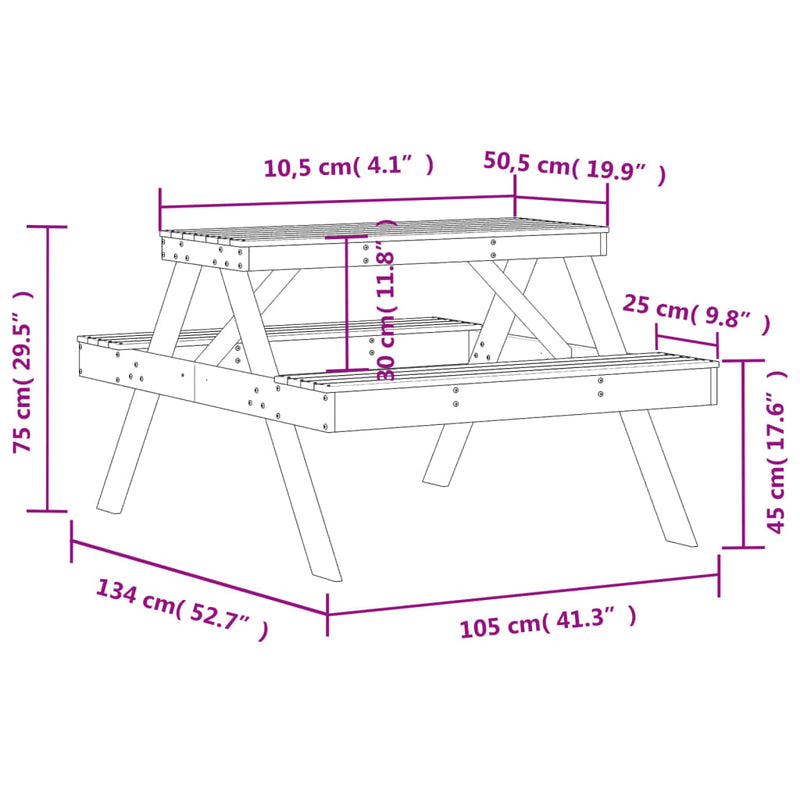 Picnic Table White 105x134x75 cm Solid Wood Pine