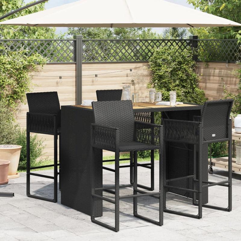 Garden Bar Table with Acacia Wood Top Black 145x80x110 cm Poly Rattan