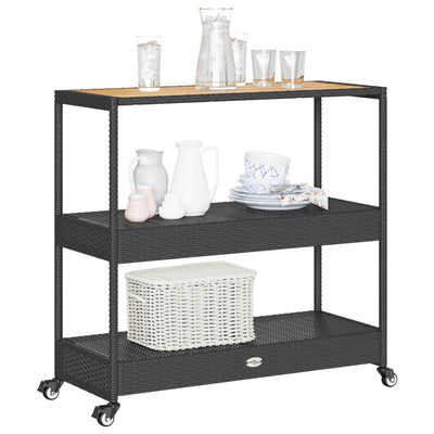 Bar Cart 3-Tier Black Poly Rattan and Solid Wood Acacia