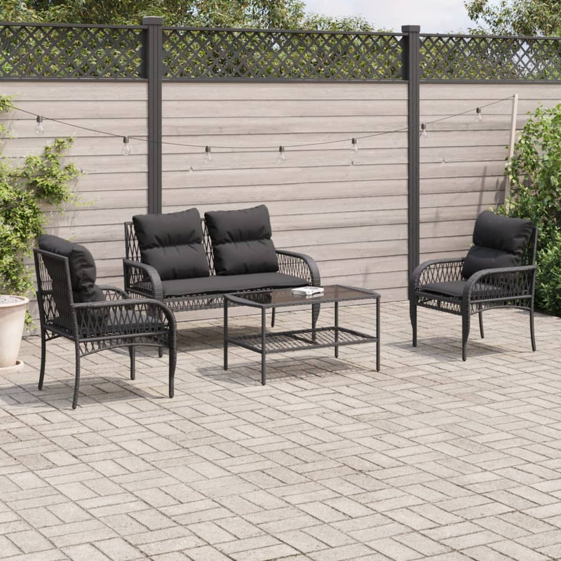 4 Piece Garden Sofa Set with Cushions Black Poly Rattan