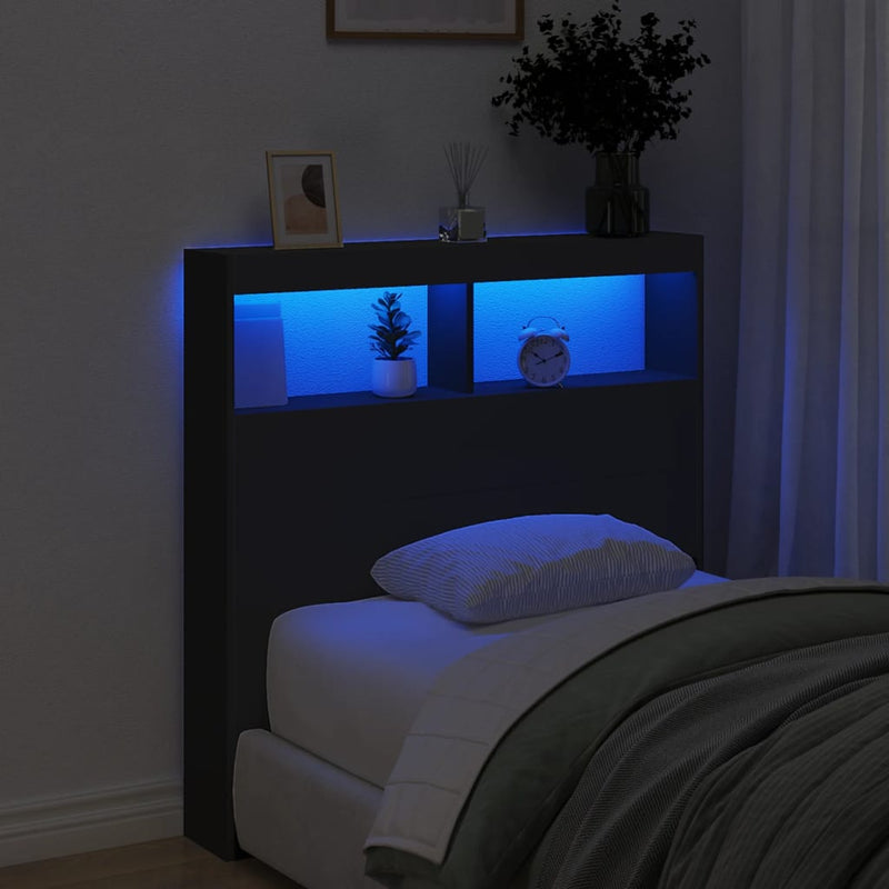 Headboard Cabinet with LED Black 100 cm