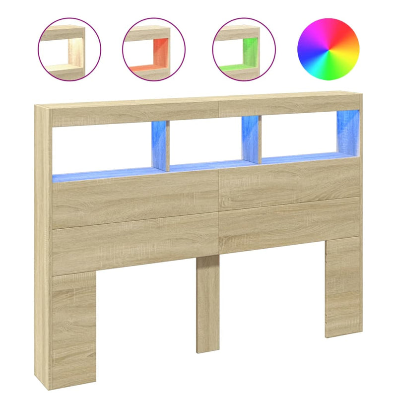 Headboard Cabinet with LED Sonoma Oak 140x17x102 cm