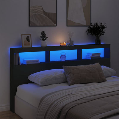 Headboard Cabinet with LED Black 200 cm