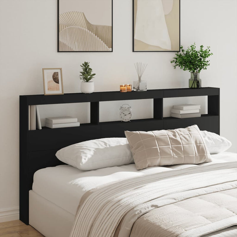 Headboard Cabinet with LED Black 200 cm