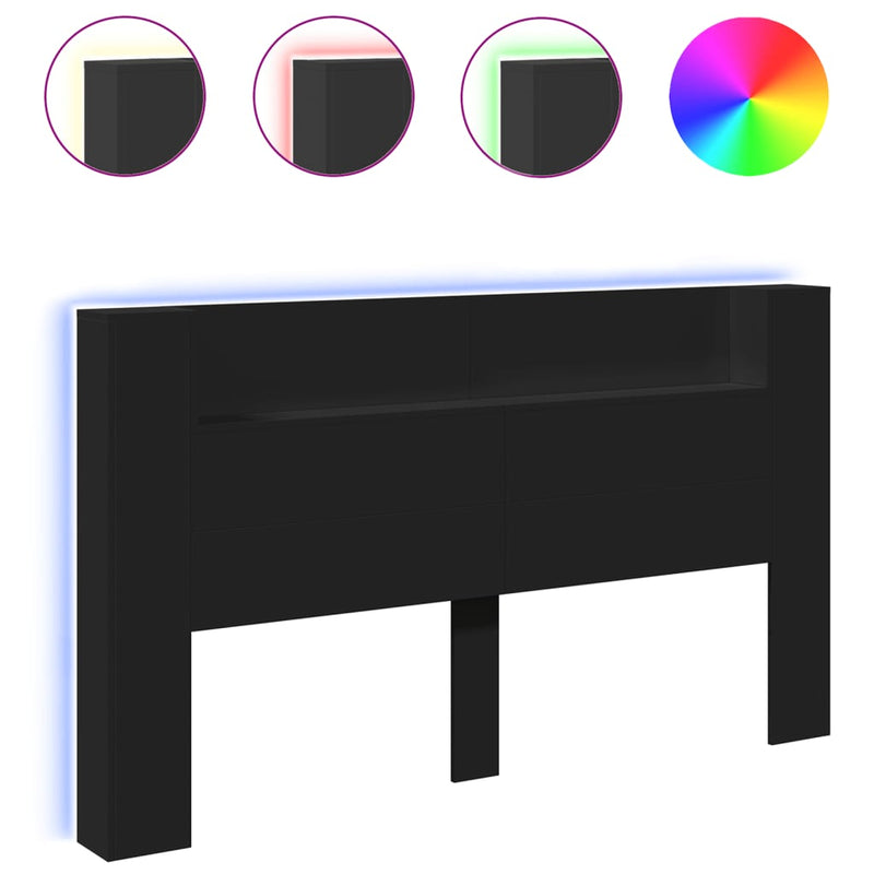 Headboard Cabinet with LED Black 180x16.5x103.5 cm