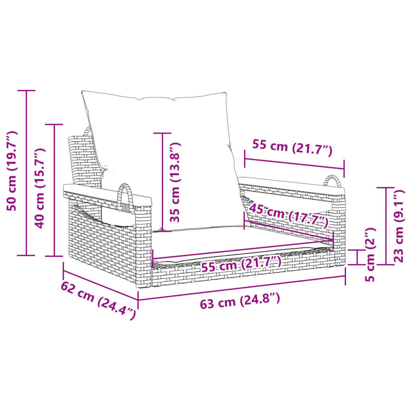 Swing Bench with Cushions Black 63x62x40 cm Poly Rattan