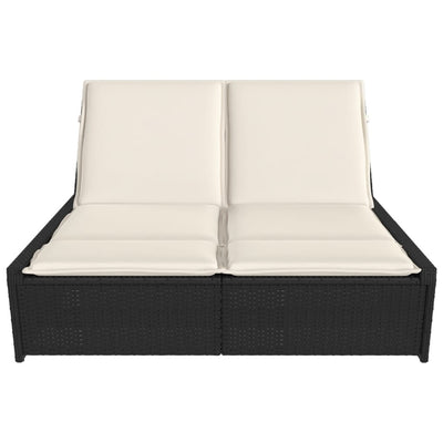 Double Sun Lounger with Cushions Black Poly Rattan