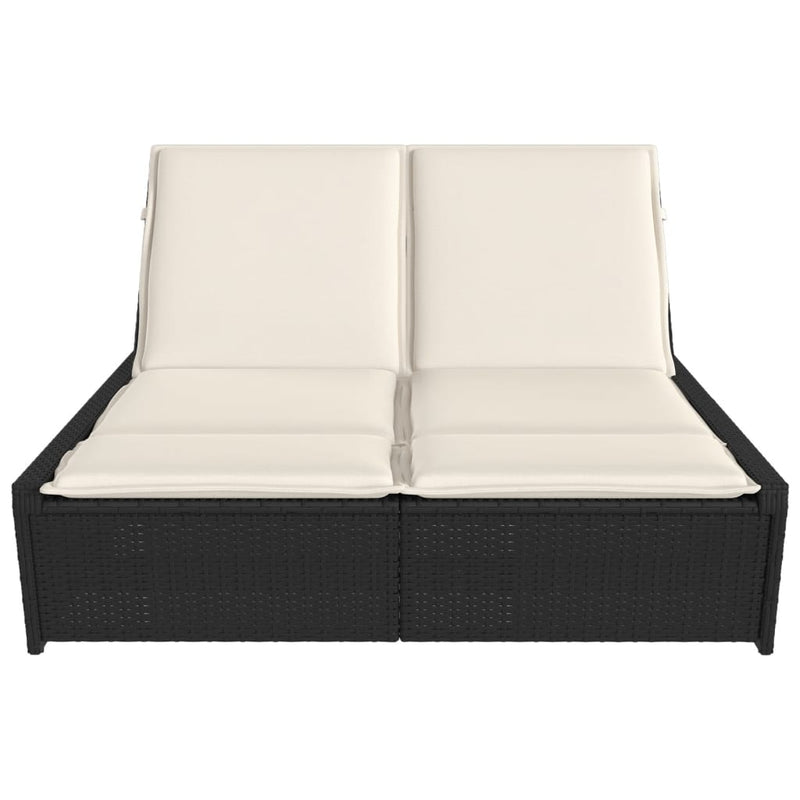 Double Sun Lounger with Cushions Black Poly Rattan