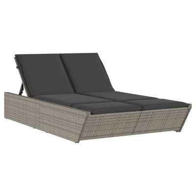 Double Sun Lounger with Cushions Grey Poly Rattan