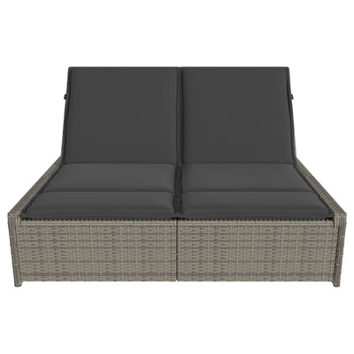 Double Sun Lounger with Cushions Grey Poly Rattan