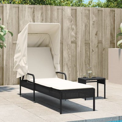 Sun Lounger with Canopy Black Poly Rattan