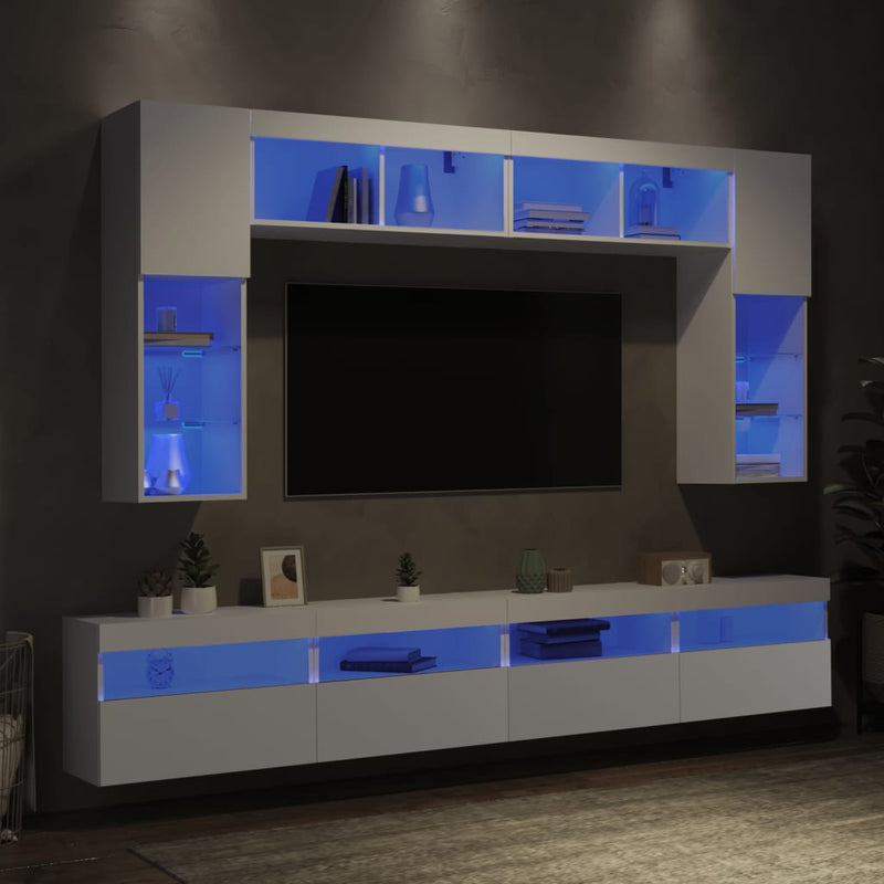 8 Piece TV Wall Cabinet Set with LED Lights White