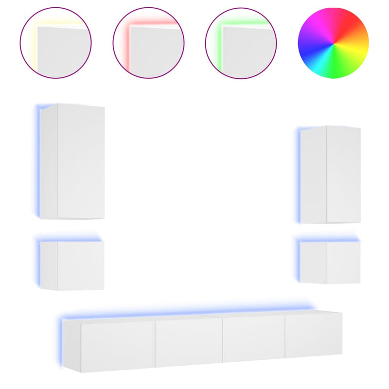 6 Piece TV Wall Cabinets with LED Lights White