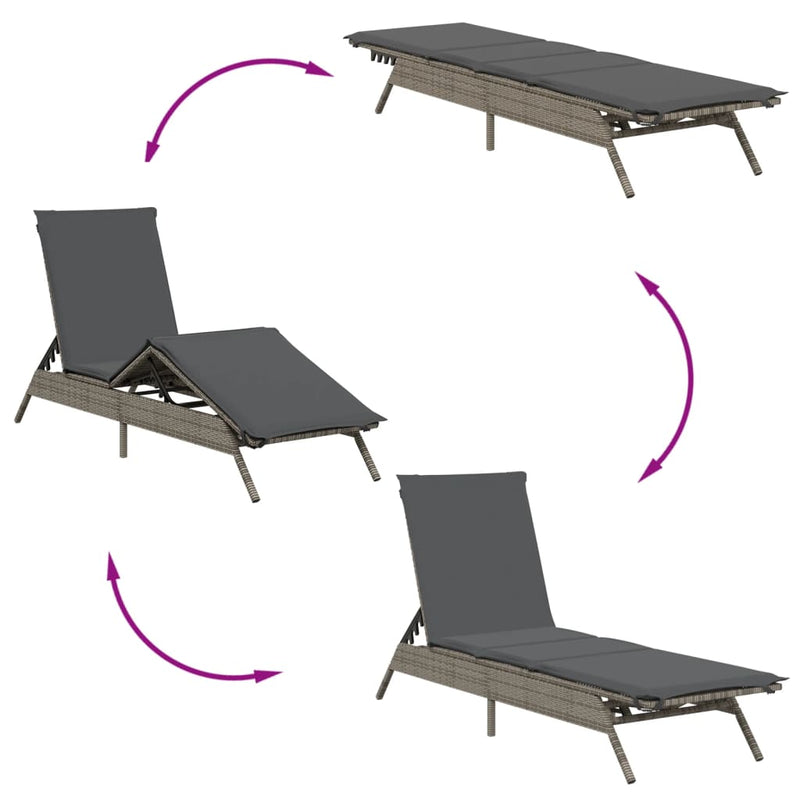 Sun Lounger with Cushion Grey Poly Rattan