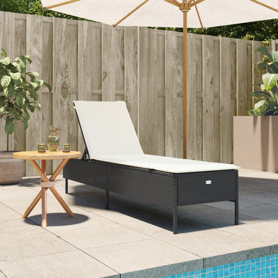 Sun Lounger with Cushion Black Poly Rattan