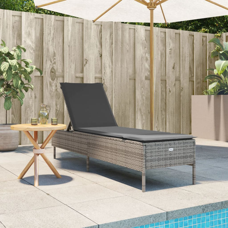 Sun Lounger with Cushion Grey Poly Rattan