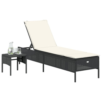 Sun Lounger with Table and Cushion Black Poly Rattan