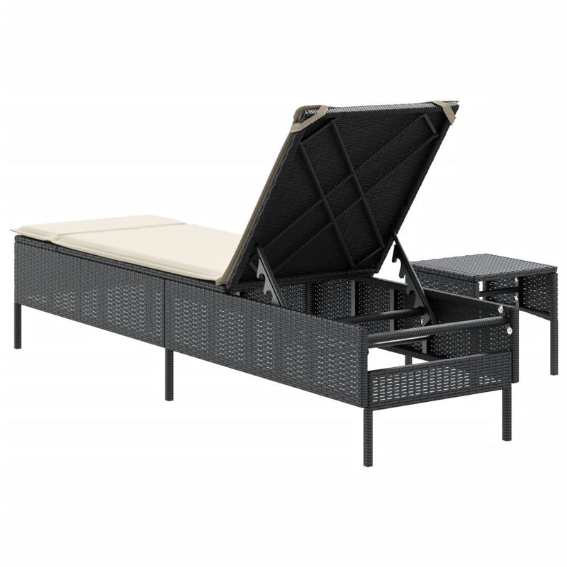 Sun Lounger with Table and Cushion Black Poly Rattan