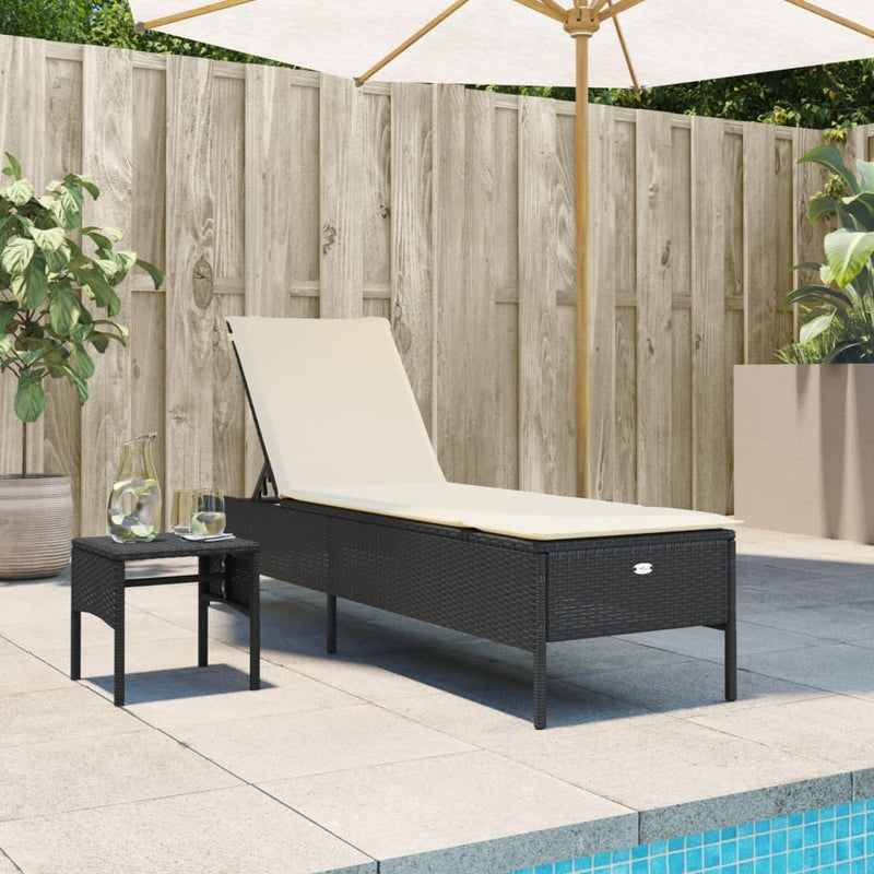 Sun Lounger with Table and Cushion Black Poly Rattan