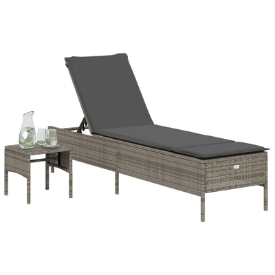 Sun Lounger with Table and Cushion Grey Poly Rattan