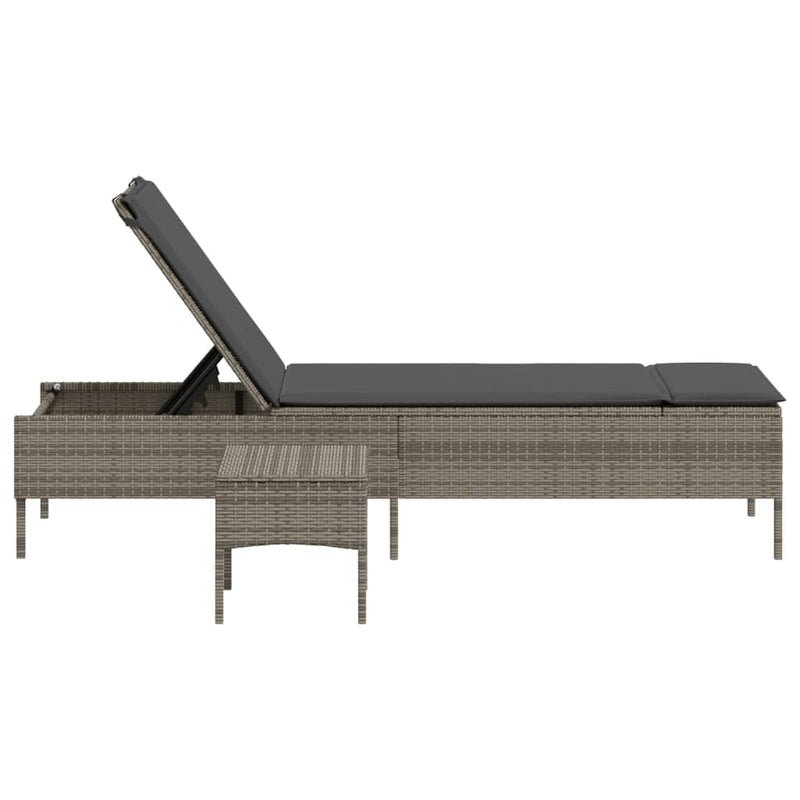 Sun Lounger with Table and Cushion Grey Poly Rattan