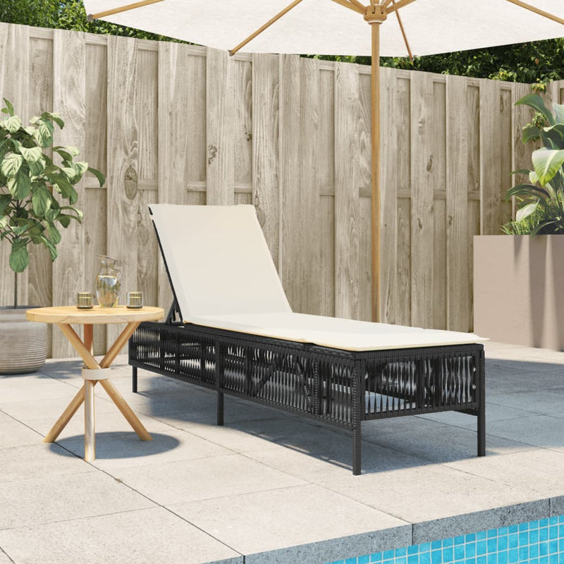 Sun Lounger with Cushion Black Poly Rattan