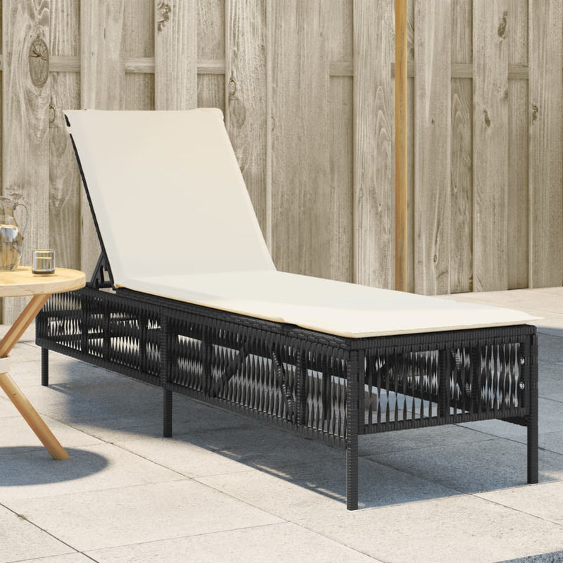 Sun Lounger with Cushion Black Poly Rattan